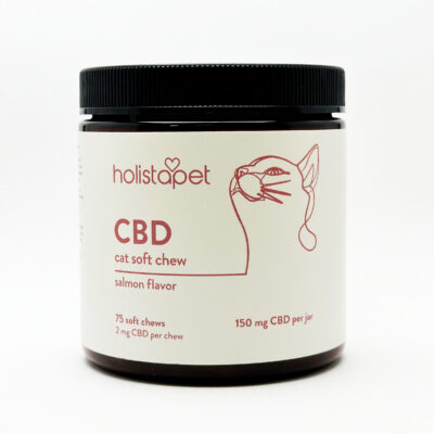 A jar of HolistaPet CBD soft chews for cats with a white label, pink lettering, and a pink line drawing of a cat.