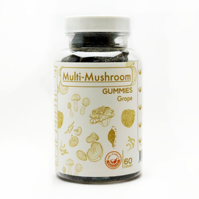 A bottle of grape flavored functional mushroom gummies with a white label with mushroom illustrations.