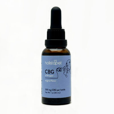 A bottle of CBG oil for dogs and cats with a blue label.