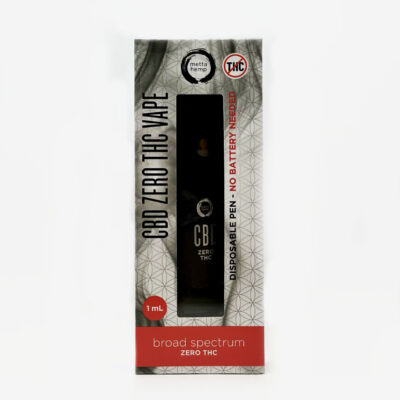 Metta Hemp Broad Spectrum CBD pen in a rectangular package with red and gray coloring.