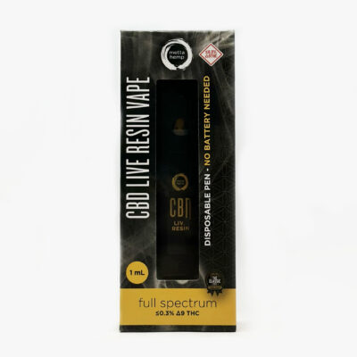 Metta Hemp CBD Vape Pen in rectangular packing with black and yellow coloring.