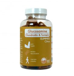 A clear bottle with a yellow, orange with square gummies of the same color has a label reads Glucosamine, Chondroitin, and Turmeric. They are citrus-flavored.