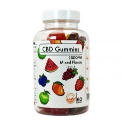 A clear bottle with a light label shows a multitude of colorful, square gummies. The label reads "CBD Gummies, 1500mg, mixed flavor, 60 count."